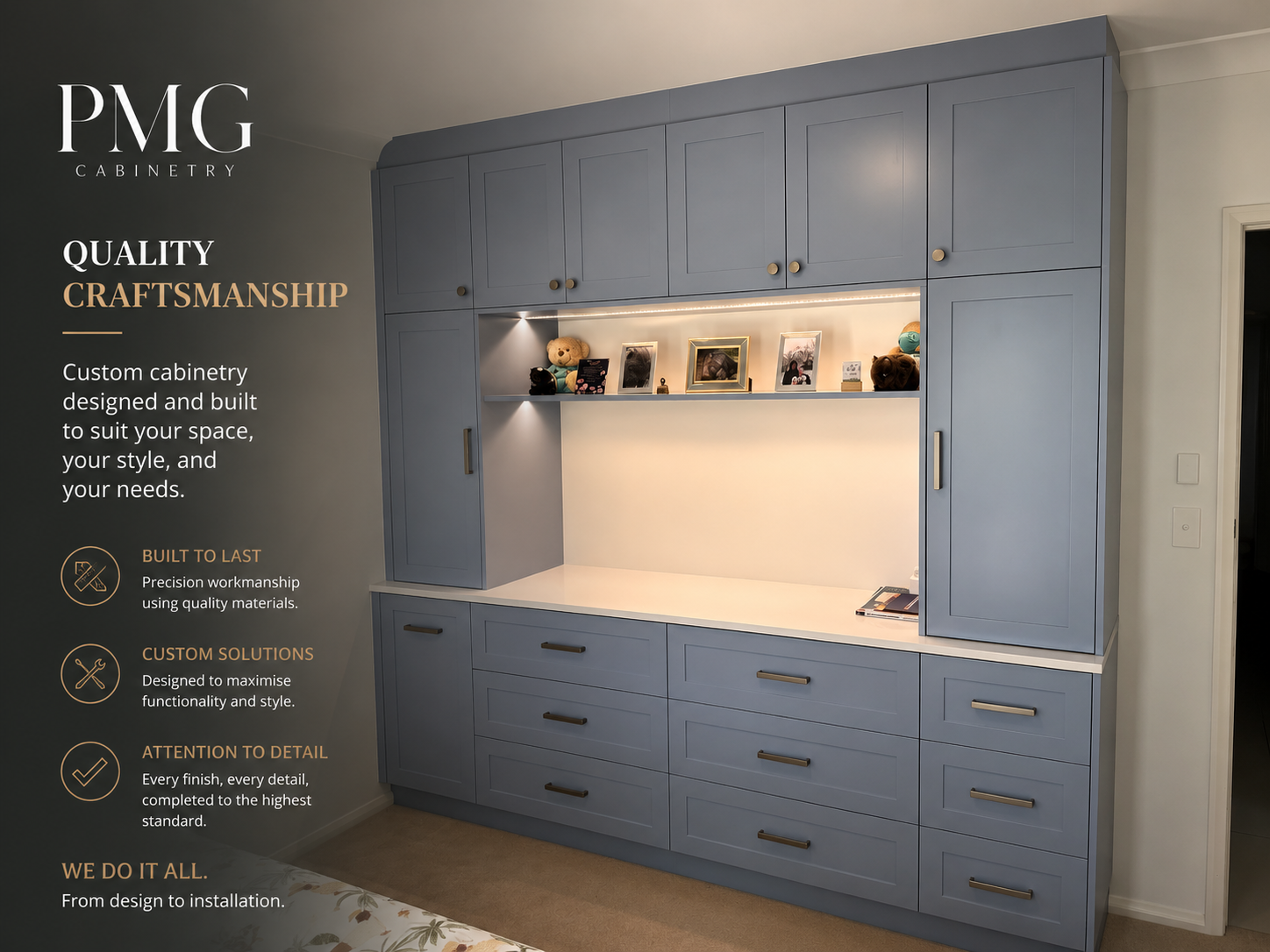 Custom blue Shaker wardrobe with feature lighting and drawer banks — PMG Cabinetry